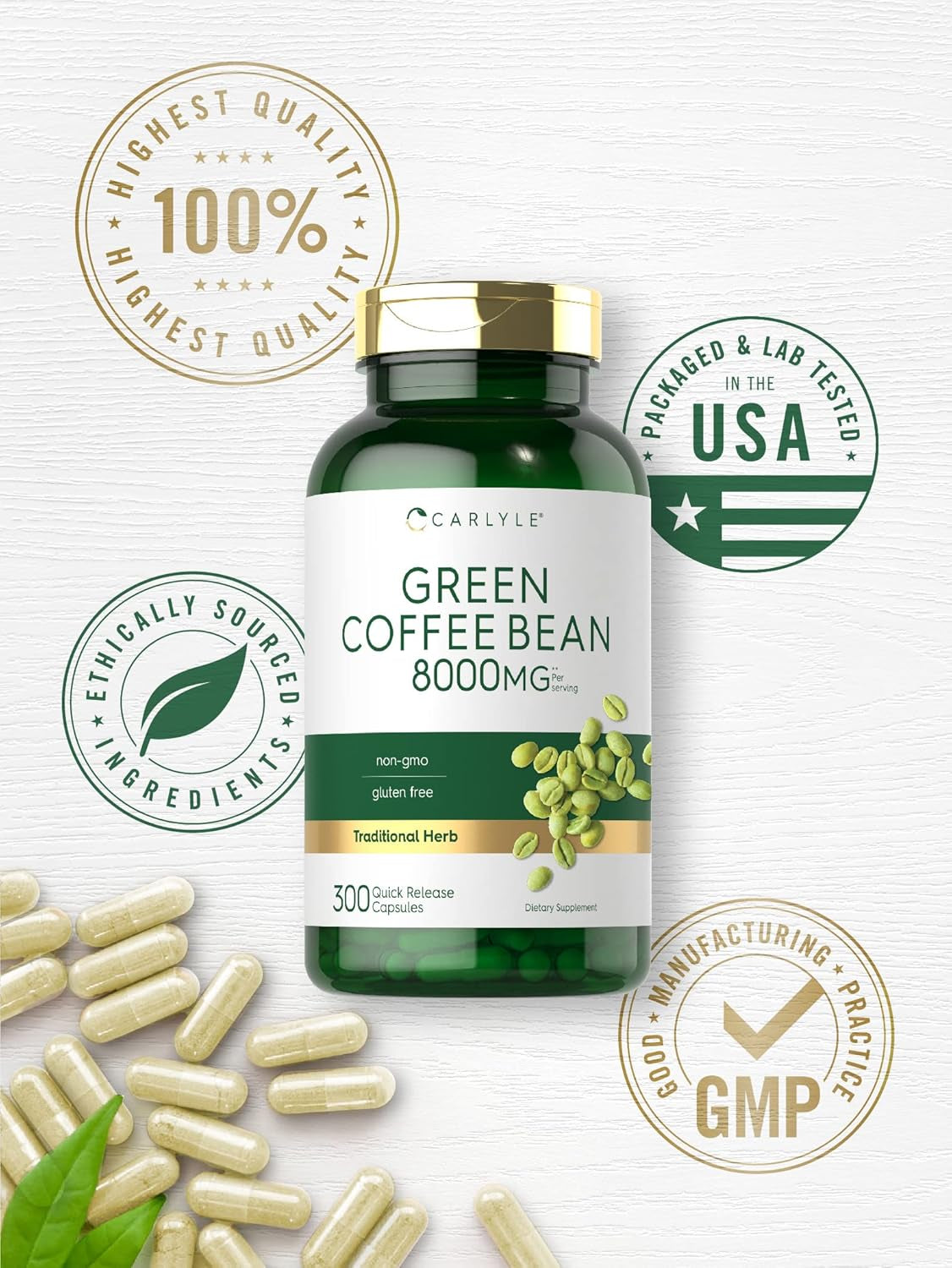 Green Coffee Bean Extract | 8000 Mg | 300 Capsules | Non-Gmo and Gluten Free Formula | Traditional Herb Supplement